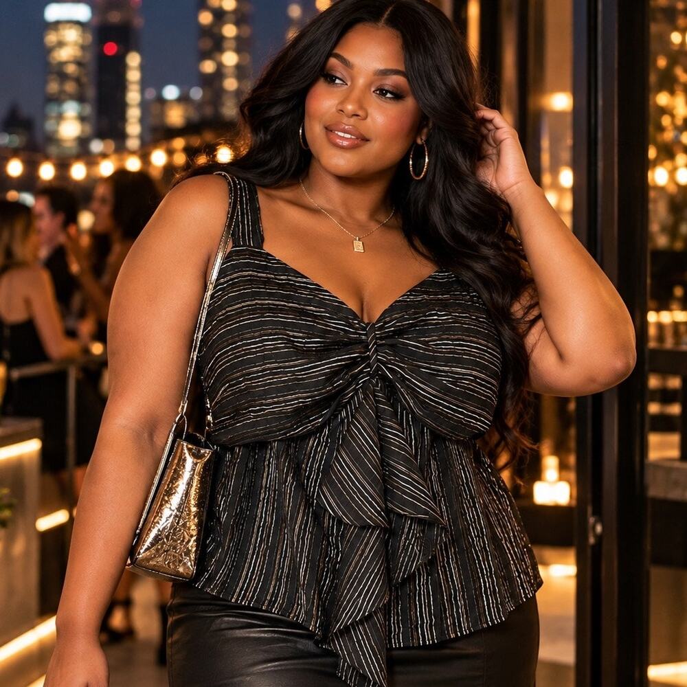 Lane Bryant Size 22 Black Gold Metallic Stripe Ruched Cocktail Top Plus Size